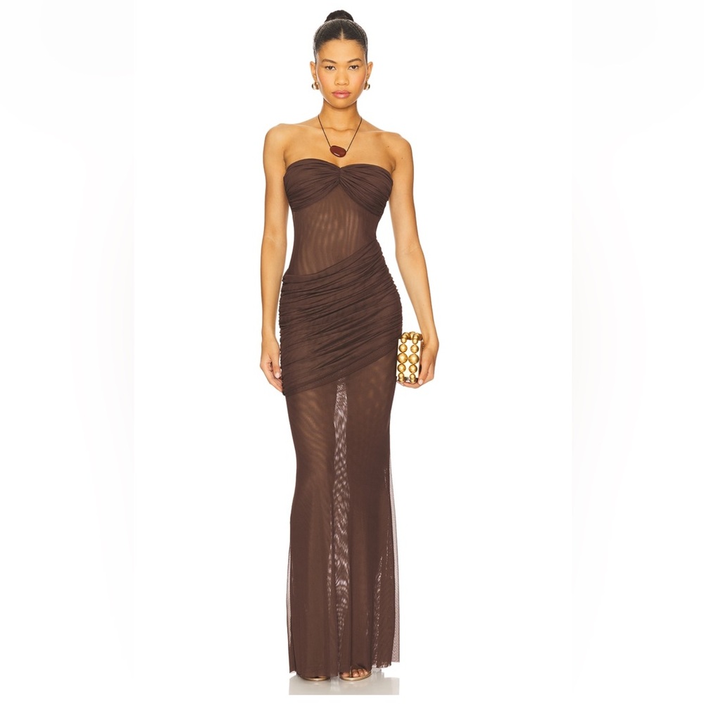 Strapless Ruched Maxi Dress in Chocolate Brown
